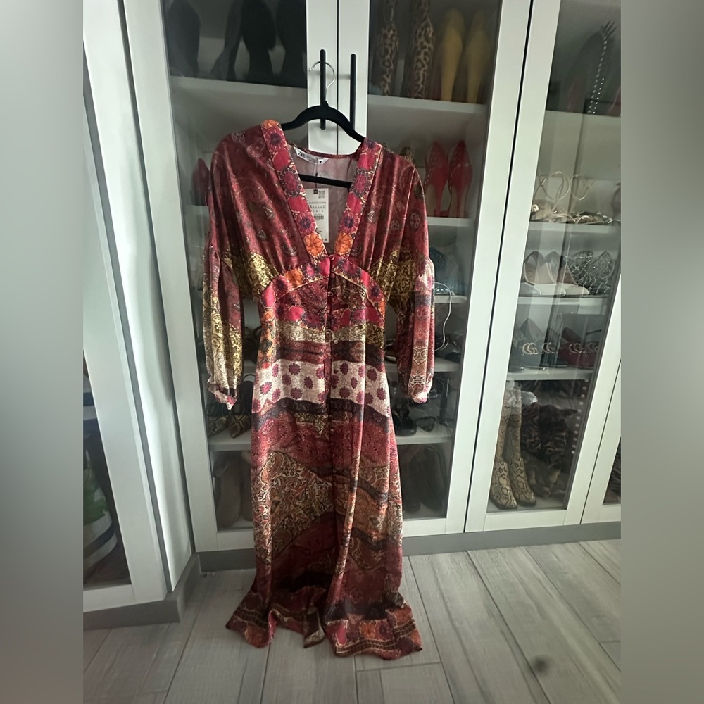 ZARA PATCHWORK PRINT BALLOON SLEEVES MIDI DRESS size XS Bohemian Maxi Dress - Picture 7 of 10